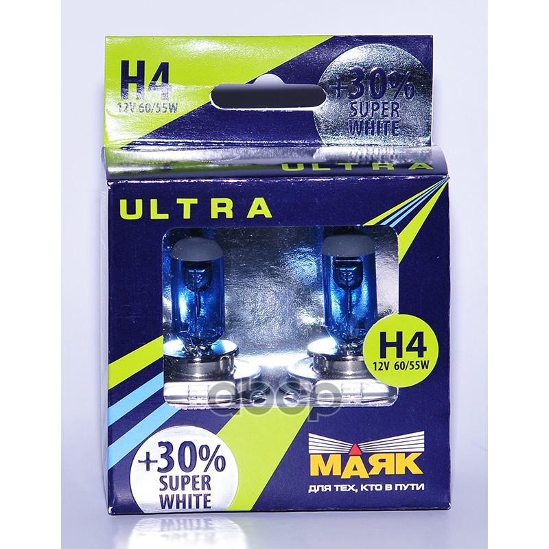Лампа галогеновая головного света H4 P43t Ultra Super White + 30% 12V цена за комплект Маяк арт. 82420SW30