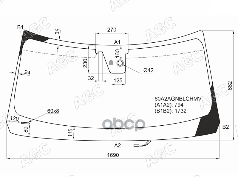 Стекло лобовое (Обогрев щеток/ Камера/ Датчик дождя) Nissan Patrol 10-19 / Infiniti QX56 10-13 AGC арт. 60A2AGNBLCHMV