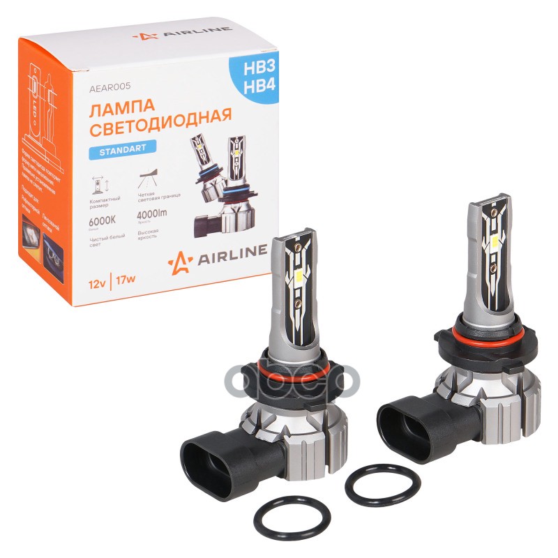 Лампa светодиод. HB3/HB4, 12В, 17Вт, 6000К (Белый), 4000Лм, для рефлект./линз. оптики, 2 шт., STANDA AIRLINE арт. AEAR005