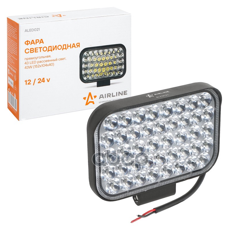 Фара светодиодная прямоугольная, 43 LED рассеянный свет, 43W (152х104х40) 12/24V (ALED021) AIRLINE арт. ALED021