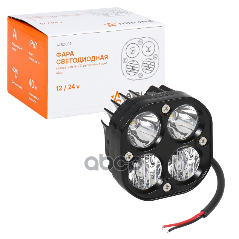 Фара светодиодная квадратная, 4 LED рассеянный свет, 40W (78х78х50) 12/24V (ALED037) AIRLINE арт. ALED037