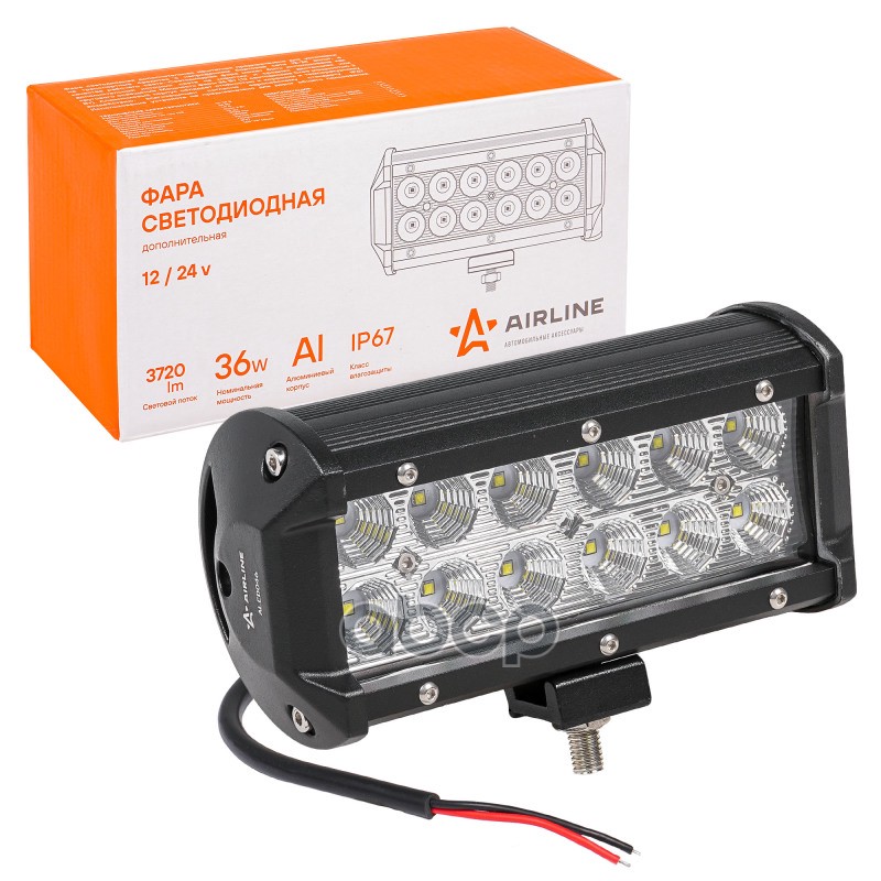 Фара светодиодная (балка) двухрядная, 12 LED рассеяный свет, 36W (165х78х65) 12/24V (ALED046) AIRLINE арт. ALED046
