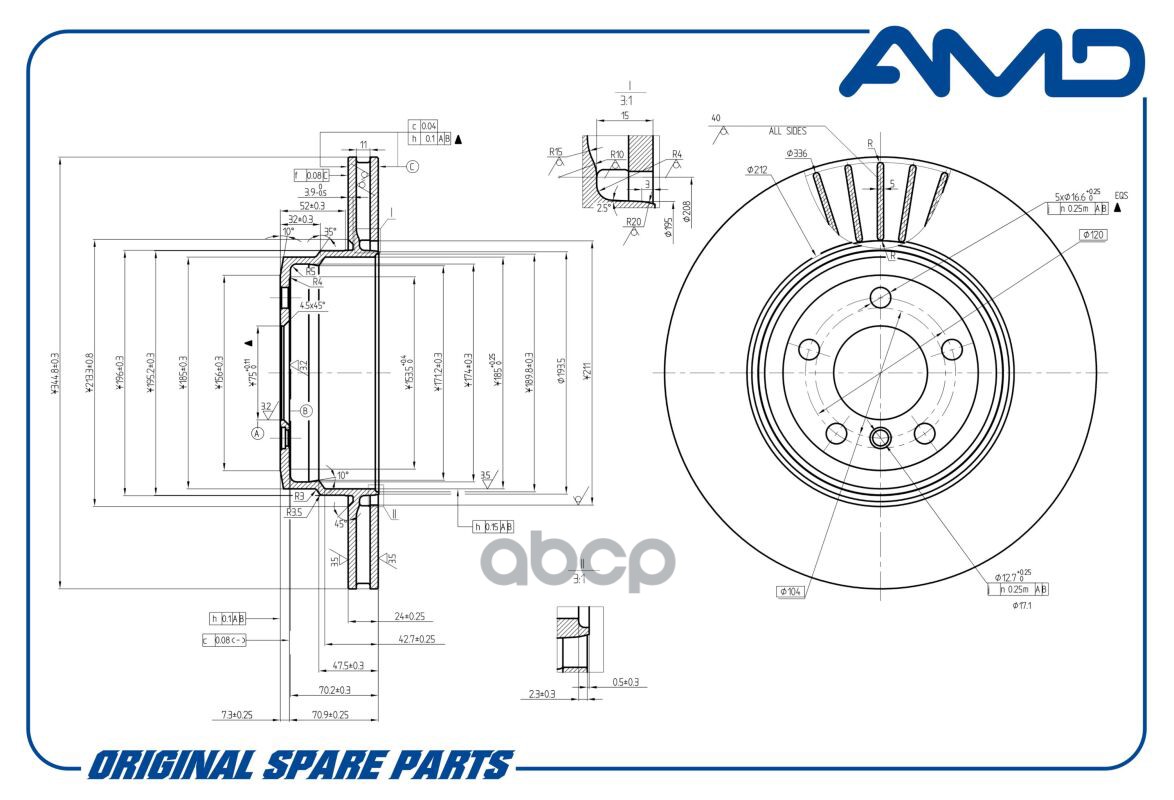 Диск тормозной задний  BMW X6 E71,E72, 2008-, X5 II E70, E70N, 2007-, X5 III F15, 2013-, 345 mm AMDBD347 AMD арт. AMDBD347