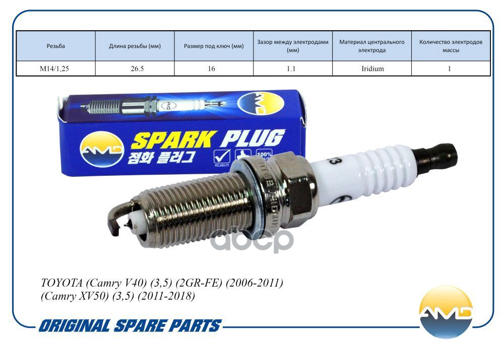 Свеча зажигания (Iridium) TOYOTA Camry V40, 3,5, 2GR-FE, 2006-2011, Camry XV50, 3,5, 2011-2018 AMDPL123 AMD арт. AMDPL123