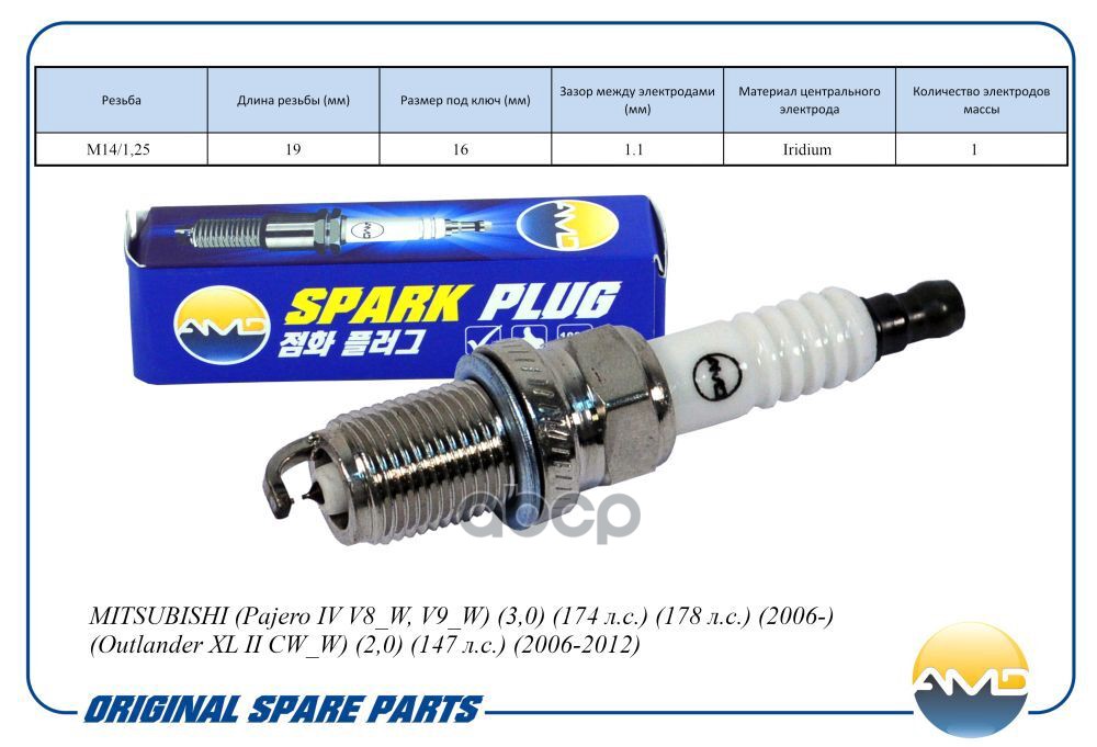 Свеча зажигания (Iridium) MITSUBISHI Pajero IV V8_W, V9_W, 3,0, 174 л.с., 178 л.с., 2006-, Outlander XL II CW_W, 2,0, 147 л.с...