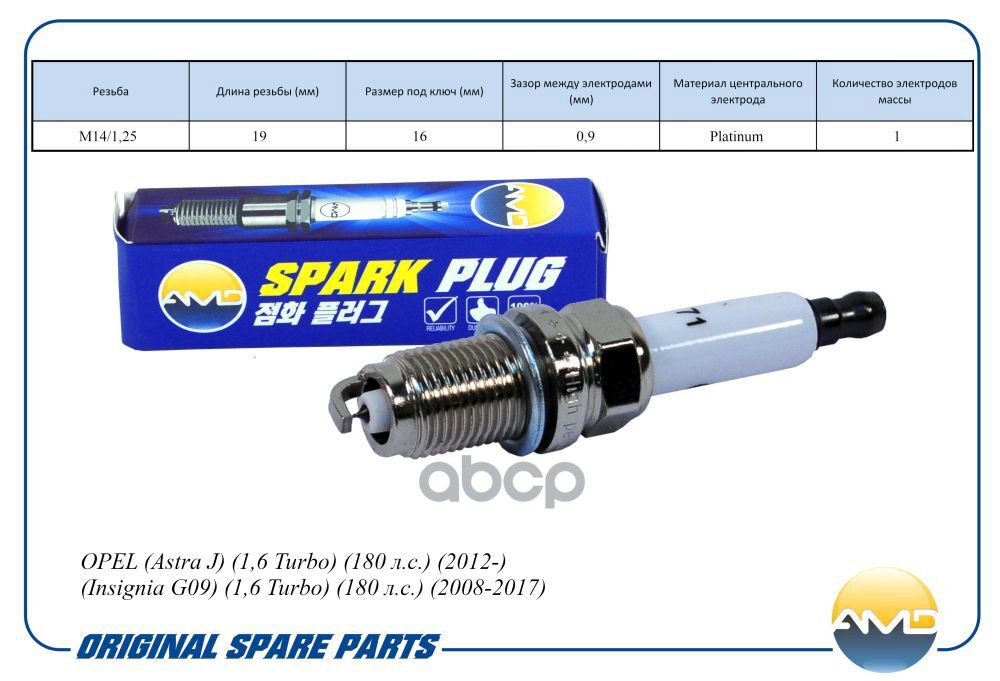 Свеча зажигания (Platinum) OPEL Astra J, 1,6 Turbo, 180 л.с., 2012-, Insignia G09, 1,6 Turbo, 180 л.с., 2008-2017 AMDPL171 AM...
