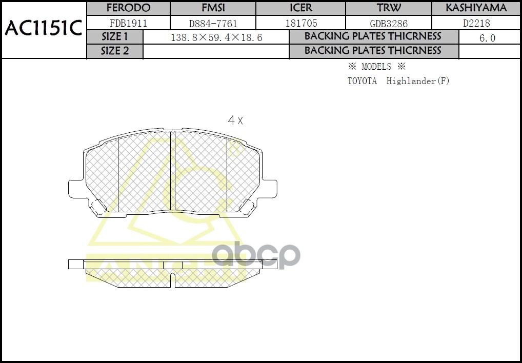 Тормозные Колодки Lexus Rx300,Toyota Highlander,Kluger Acu20w Передн. ANCHI арт. AC1151C