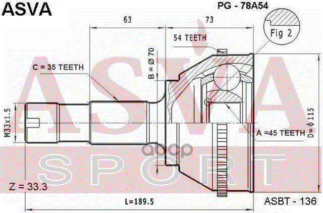 ШРУС НАРУЖНИЙ  (гарантия 12 месяцев) ASVA арт. PG78A54