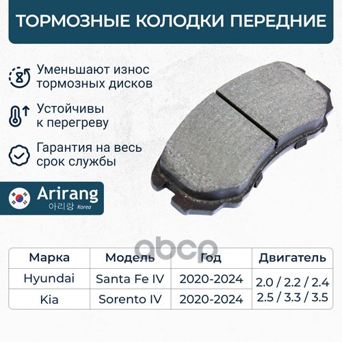 Колодки дискового тормоза перед. Hyundai (Santa Fe IV 20- restyle), Kia (Sorento IV 20-) Arirang арт. ARG281025