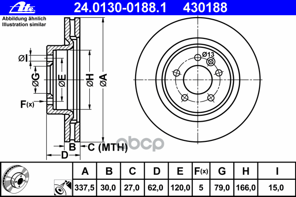 Диск Тормозной Передн, Land Rover: Discovery Iii 4.4 4X4 04-09, Range Rover Sport 4.4 4X4 05- Ate арт. 24.0130-0188.1