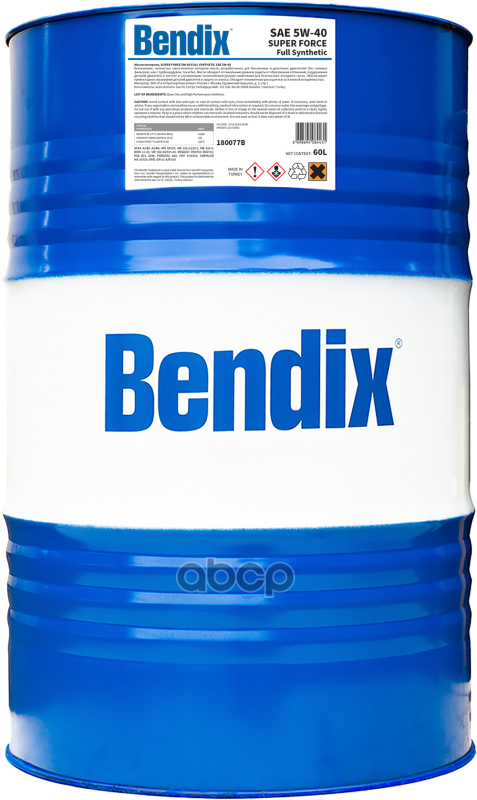 BENDIX Масло Моторное 60Л.  Синтетика Bendix  Super Force Sae 5W-40. Api Sn Sm/Cf Acea A3/B4 Vw 501.01-502.