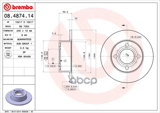 Диск тормозной задн. AUDI 100 (44  44Q  C3) 08/82-07/91 / AUDI 100 Avant (44  44Q  C3) 08/82-11/90 / Brembo арт. 08.4874.14
