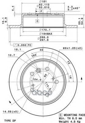 Диск тормозной (Сзади) Lexus RX 97-03 / Toyota Camry 01-11 Brembo арт. 08.A150.11