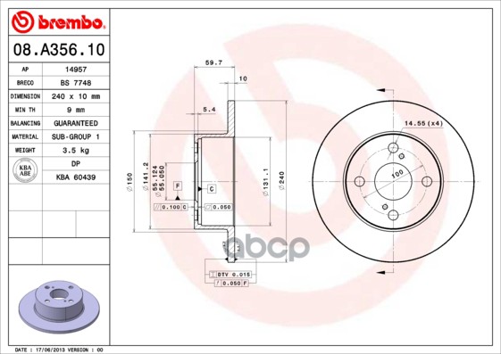 Диск Тормозной Задн Toyota: Corolla 97-02, Corolla Compact 97-02, Corolla Liftback 97-02, Corolla Wagon 97-02 Brembo арт. 08....