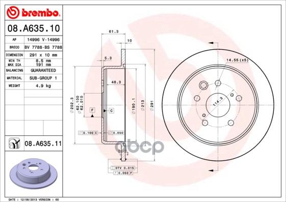 Диск Тормозной Задний 291Мм Brembo арт. 08A63510