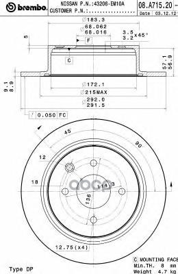 Диск Тормозной Nissan Tiida 07-10 Задний Brembo арт. 08.A715.20