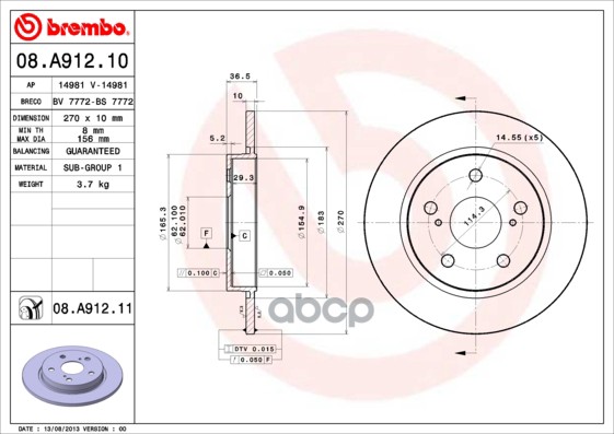 Диск тормозной (Сзади) Toyota Corolla (E150,E180) 06-19 / Auris 06-18 Brembo арт. 08.A912.10