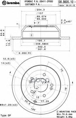 Диск тормозной задний HYUNDAI Santa Fe 12->/KIA Sorento 10-> /D=302mm BREMBO 08.B605.10 Brembo арт. 08.B605.10
