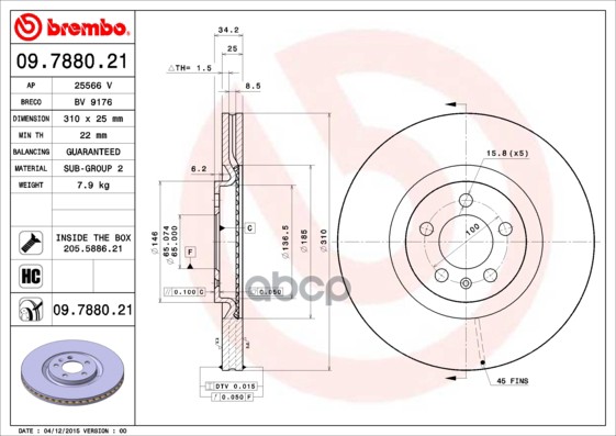 Диск Тормозной Передн, Audi: A1 10- , Audi: A1 Sportback 11- Seat Ibiza V Sportcoupe 08- , Vw: Polo 09- Brembo арт. 09.7880.21