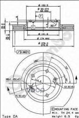 Диск Тормозной Передн Hyundai: Santa Fe 01-, Trajet 00- Brembo арт. 09.9079.10