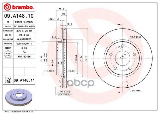 Диск тормозной (Спереди) Mitsubishi Lancer 02-10 / Outlander 02-09 Brembo арт. 09.A148.11