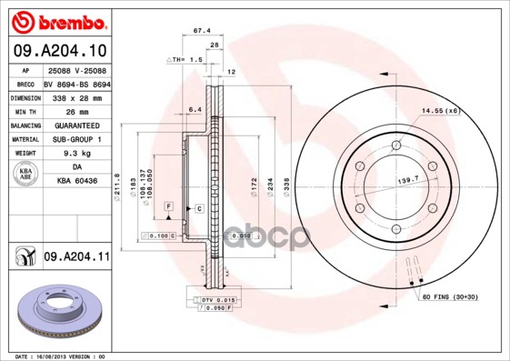 Диск тормозной (Спереди) Toyota Land Cruiser Prado (J120) 02-09 / Lexus GX 02-09 Brembo арт. 09.A204.11