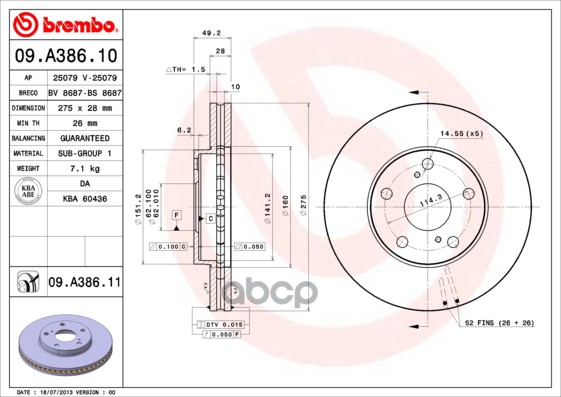 Диск Тормозной Brembo Передний 09A38611 Brembo арт. '09A38611
