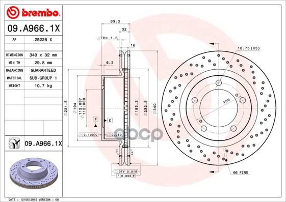 Диск тормозной передн. серии Brembo Xtra LEXUS LX (_J2_) 08/07-> / TOYOTA (FAW) LAND CRUISER (_J20_) Brembo арт. 09.a966.1x
