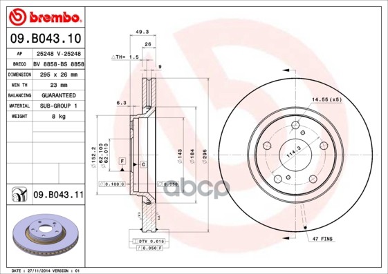 Диск Тормозной Вентилируемый Перед Toyota Toyota Auris Avensis 06- Brembo арт. 09B04311