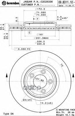 Диск тормозной передний вентилируемый PVT 326мм Brembo арт. 09B31111