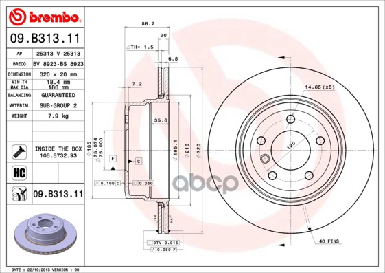 Диск тормозной задний BMW E60 2.5/3.0L,2.5XD/3.0XD all 05->/Vent D=320mm BREMBO 09.B313.11 Brembo арт. 09.B313.11