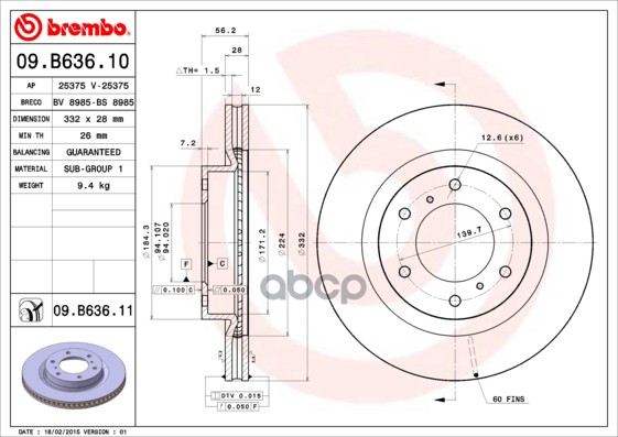 Диск тормозной (Спереди) Mitsubishi Pajero 06-20 / Montero 06- Brembo арт. 09.B636.10