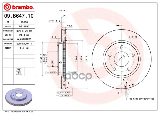 Диск тормозной (Спереди) Mitsubishi Lancer 07-17 / Galant Fortis 07-15 Brembo арт. 09.B647.10