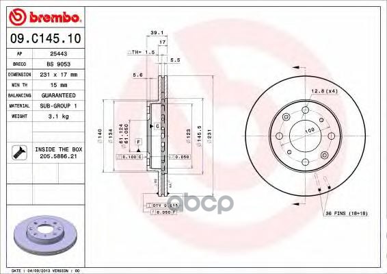 Диск тормозной (Спереди) Honda Fit 01-13 / Jazz 02-15 Brembo арт. 09.C145.10