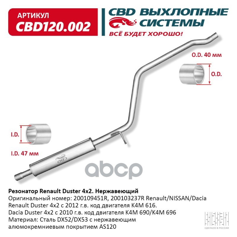 Резонатор Renault Duster 200109451R 4x2 Нерж сталь. CBD120.002 CBD арт. CBD120.002