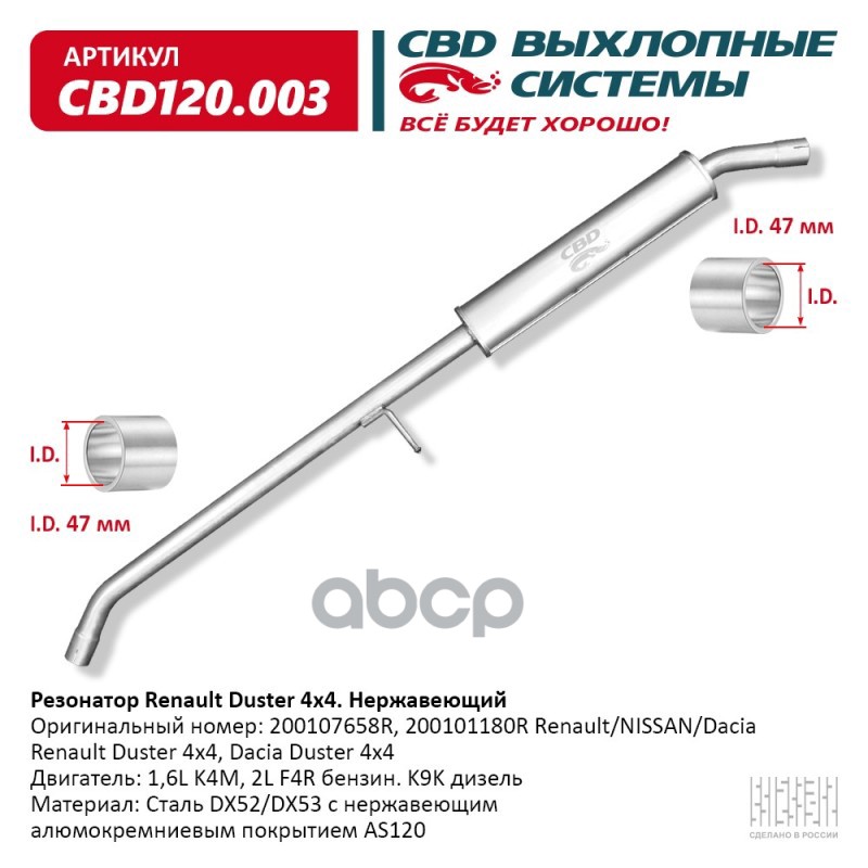 Резонатор Renault Duster 200107658R 4x4 Нерж сталь. CBD120.003 CBD арт. cbd120003
