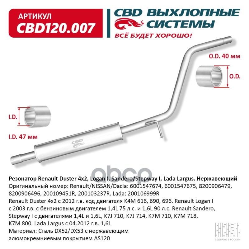 Резонатор Renault Duster 4x2, Logan I, Sandero/Stepway I, Lada Largus Нержавеющий CBD120.007 CBD арт. CBD120.007