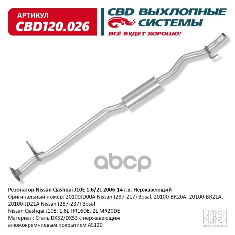 Резонатор Nissan Qashqai J10E 1,6/2L 2006-14 г.в. Нержавеющий. CBD120.026 CBD арт. CBD120.026