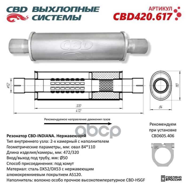 Резонатор CBD-INDIANA L480, овал 84x110мм, под трубу 50мм. Нержавеющий. CBD CBD420.617 CBD арт. CBD420.617