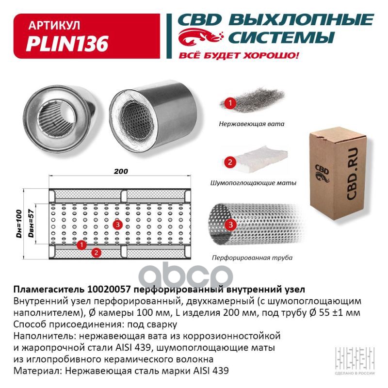 Пламегаситель 10020057 перфорированный внутр. узел  из Нерж.стали. CBD. PLIN136 CBD арт. plin136