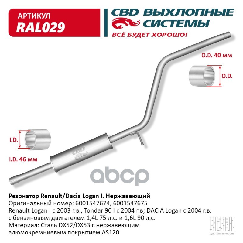 Резонатор Renault/DACIA Logan Нерж сталь 6001547674/75. CBD. RAL029 CBD арт. RAL029