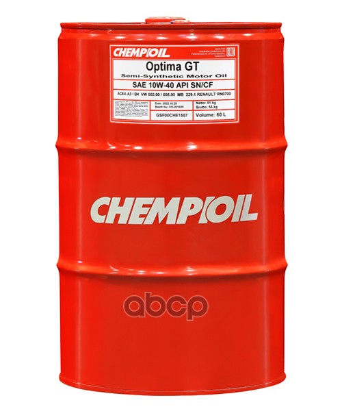 CHEMPIOIL 10W-40 Optima Gt Sn/Cf, A3/B4, 60Л (Полусинт. Мотор. Масло)