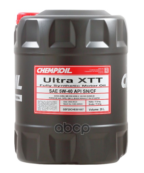 CHEMPIOIL 5W-40 Ultra Xtt Sn/Cf(Ch-4), A3/B4, 20Л (Синт. Мотор. Масло)