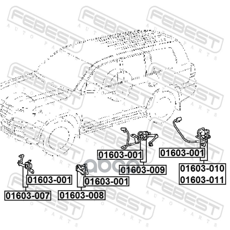Датчик положения кузова передний левый (с кронштейном, с проводкой, с тягой) Febest арт. 01603008