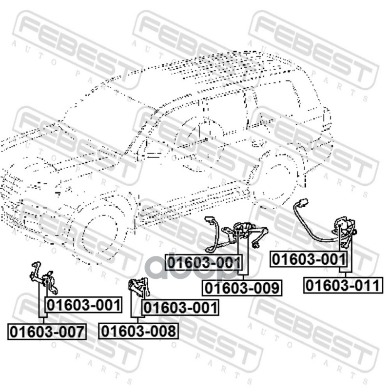 Датчик положения кузова задний левый (с кронштейном, с проводкой, с тягой) Febest арт. 01603011