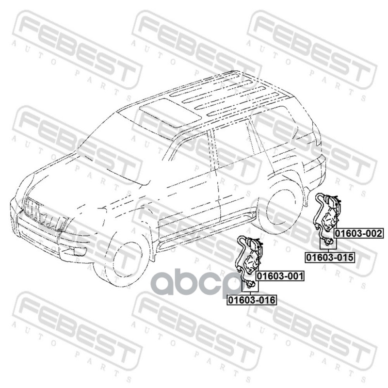 Датчик положения кузова задний левый (с кронштейном, с проводкой, с тягой) Febest арт. 01603016