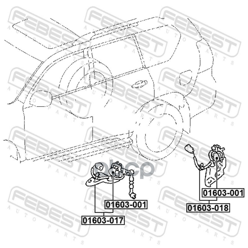 Датчик положения кузова задний правый (с кронштейном, с проводкой, с тягой) Febest арт. 01603017