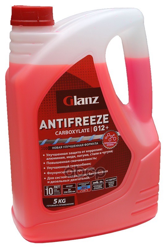 Антифриз Glanz Carboxylate G12+ Готовый -40C Красный 5 Кг Gl-012 GLANZ арт. GL-012