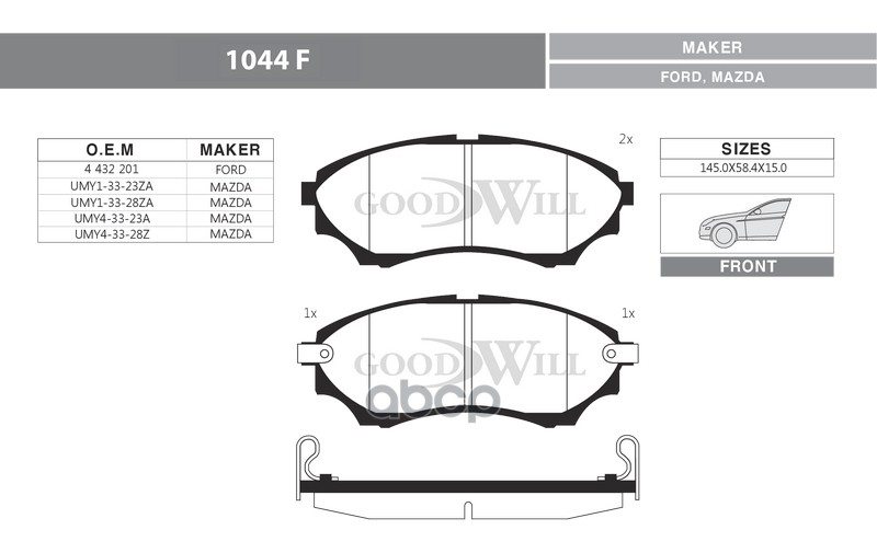 Снят Колодки Тормозные Дисковые Передние, Комплект 1044F Goodwill арт. 1044F