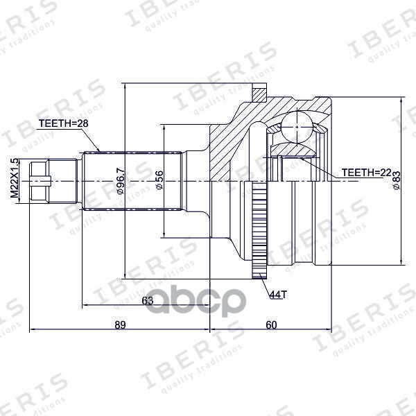 Шрус Наруж (Размер 22Х56х28, С Абс 44 Зуб.)Kia Spektra 1.5 (Abs) 00-,Mazda Xedos-6,626 Gf IBERIS арт. IB6091